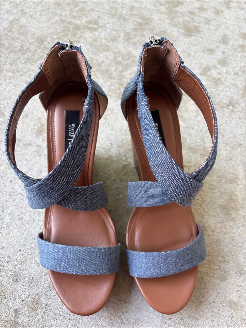 White House Black Market Chambray Crisscross Wedge Sandals - Blue and Brown - Picture 3 of 15
